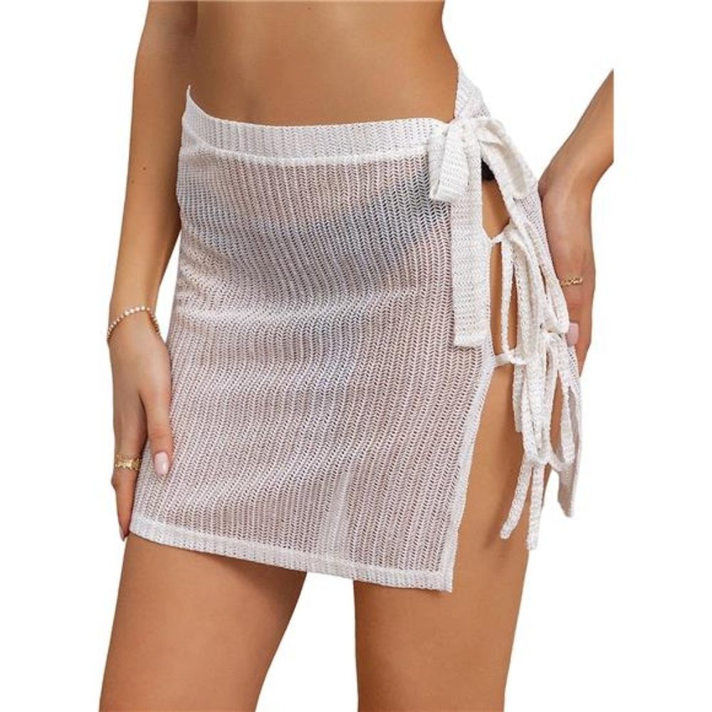Crochet Cover Up Skirt Hollow Out Tie Side Bikini White